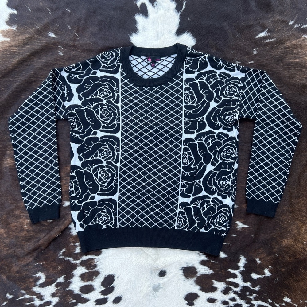 t/o sweaters black and white rose monogram scoop neck sweater